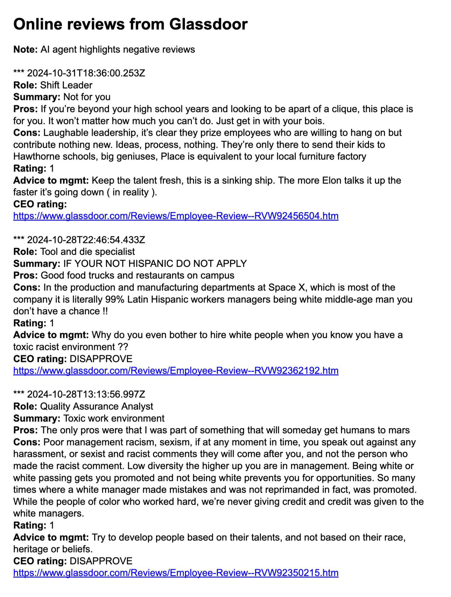Example reviews report Example of a report on negative reviews indicating the role, summary, pros, cons, rating, advice to mgmt and link to CEO rating