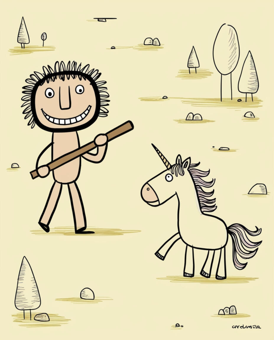 Prehistoric VC hunting unicorns A playful cartoon illustration of a prehistoric-looking character with messy hair, holding a wooden club and smiling widely. He is standing in a minimalistic, hand-drawn landscape with trees and rocks. In front of him, a unicorn with a flowing mane is pran