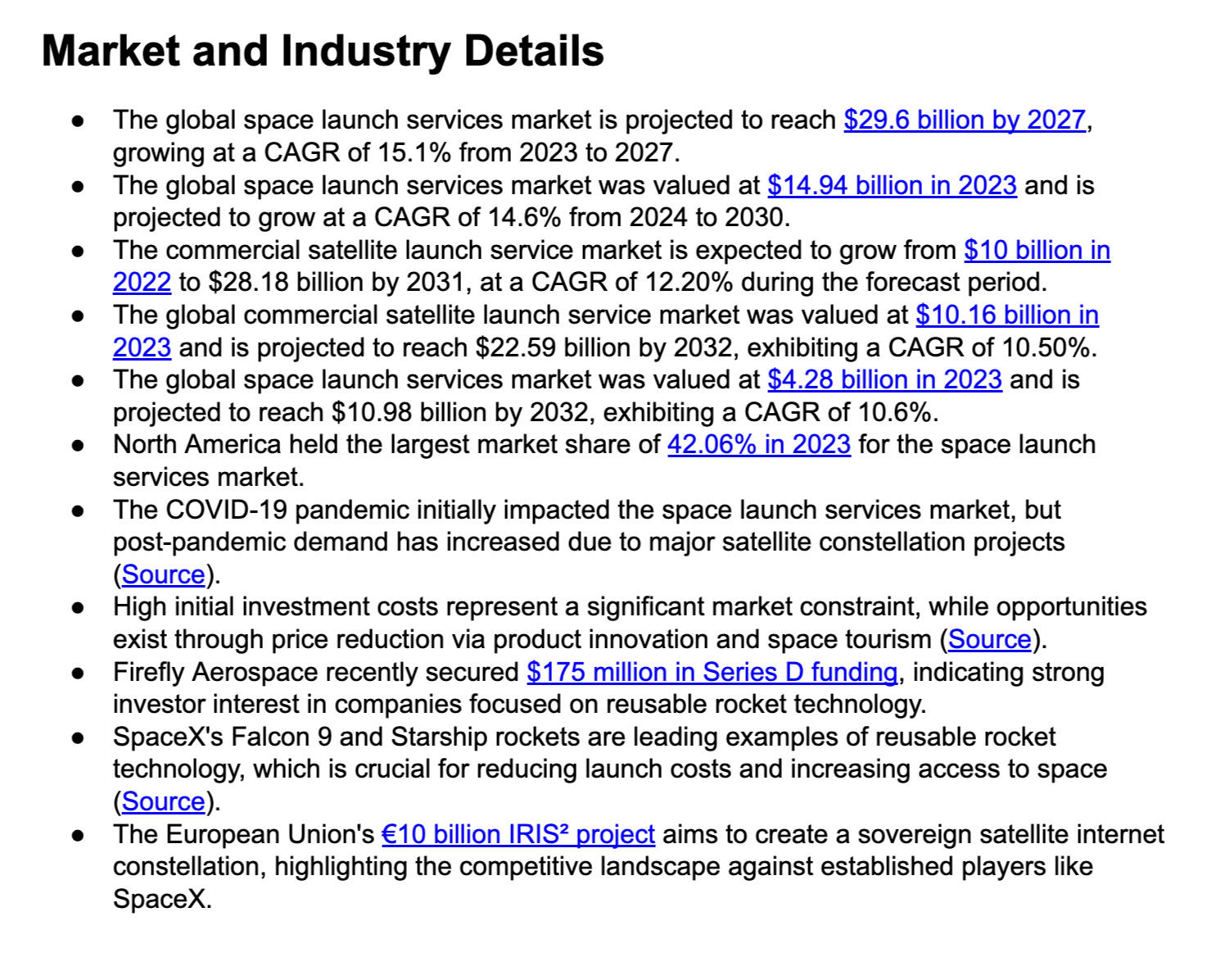 Example list of market and industry details with links